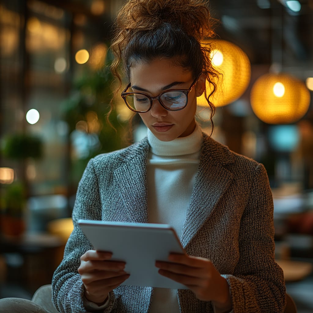 businesswoman with glasses looking down at tablet