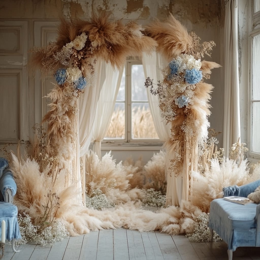 boho wedding arch with pampas
