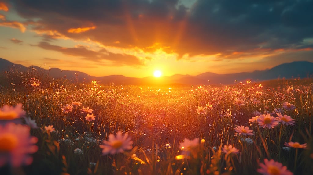 afternoon sunset created using MidJourney aspect ratio setting of 16:9.