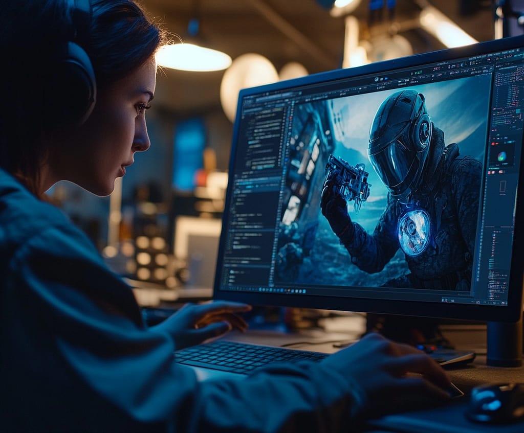 person working on an image on a computer monitor