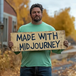 man holding sign that says made with midjourney