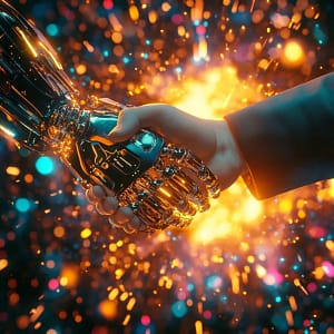 man and robot shaking hands