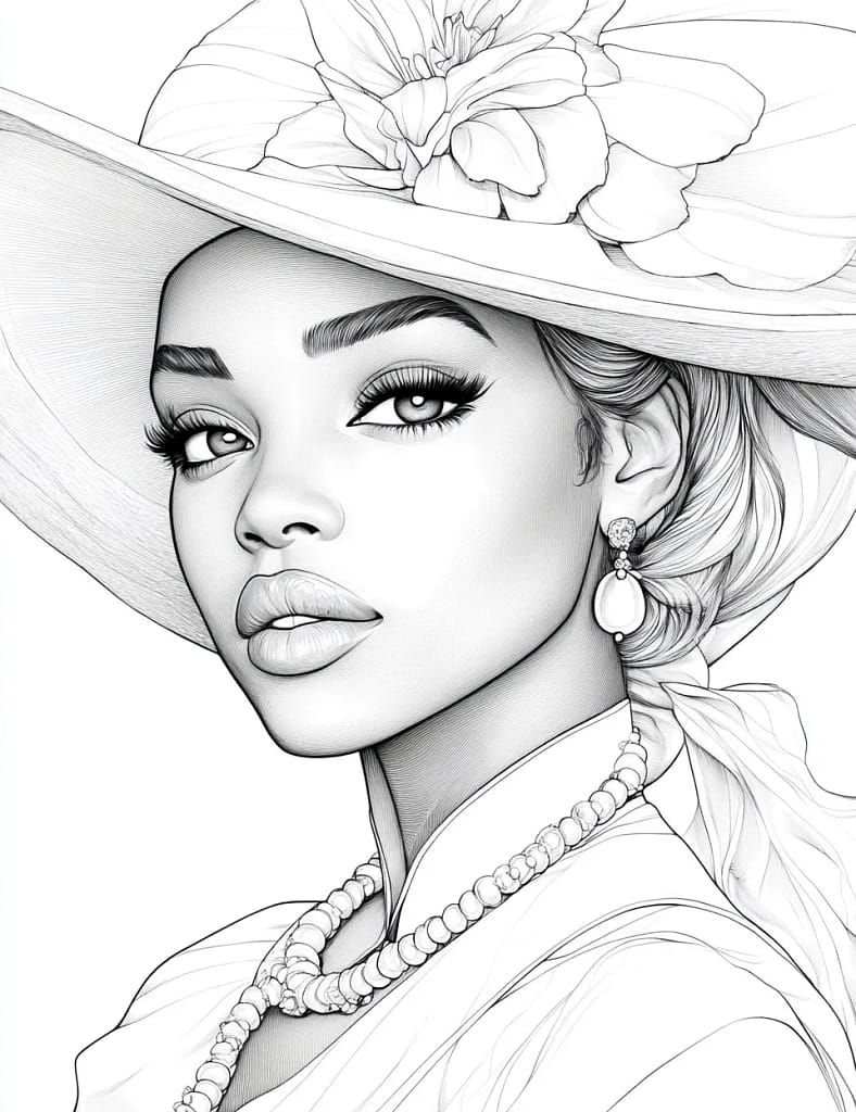 free midjourney coloring page prompt of a woman wearing a hat 
