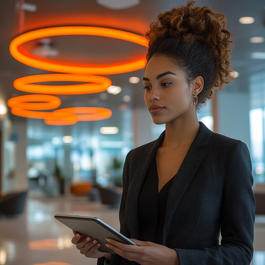 businesswoman looking at tablet in any office setting.