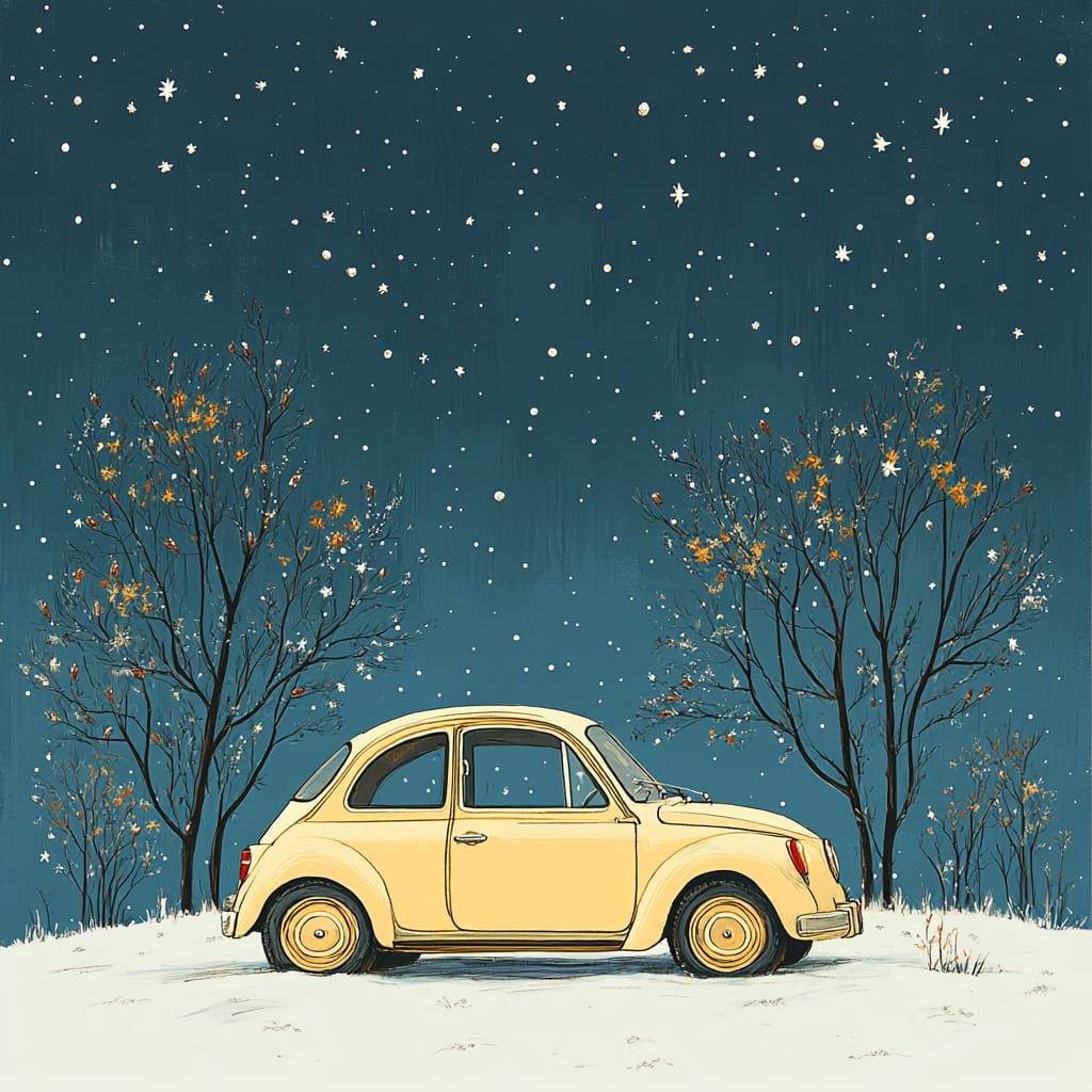 car in snow with trees in background and snow falling