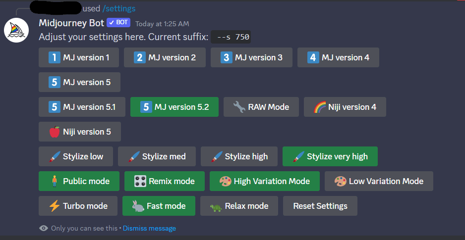 how to adjust Midjourney settings when using Discord.