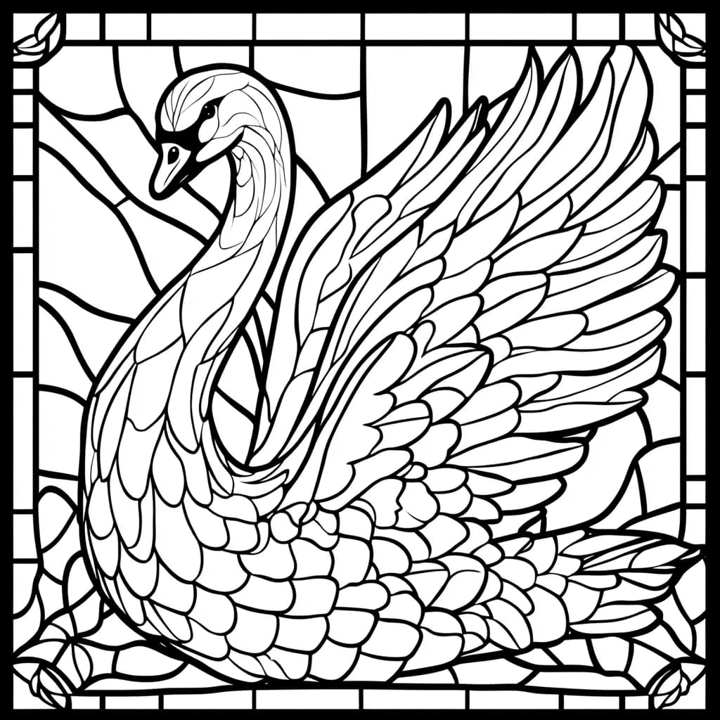 stained glass swan coloring page created with Free Midjourney Coloring Book Prompt Generator